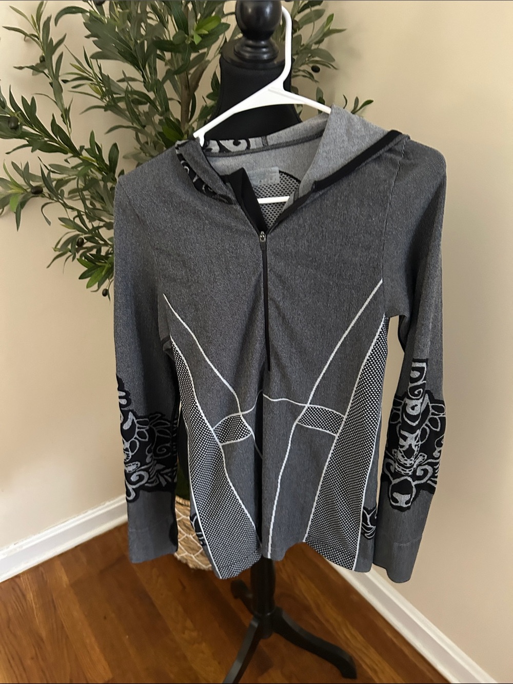 Athleta Charcoal Zip Hoodie with White & Black Graphic Accents